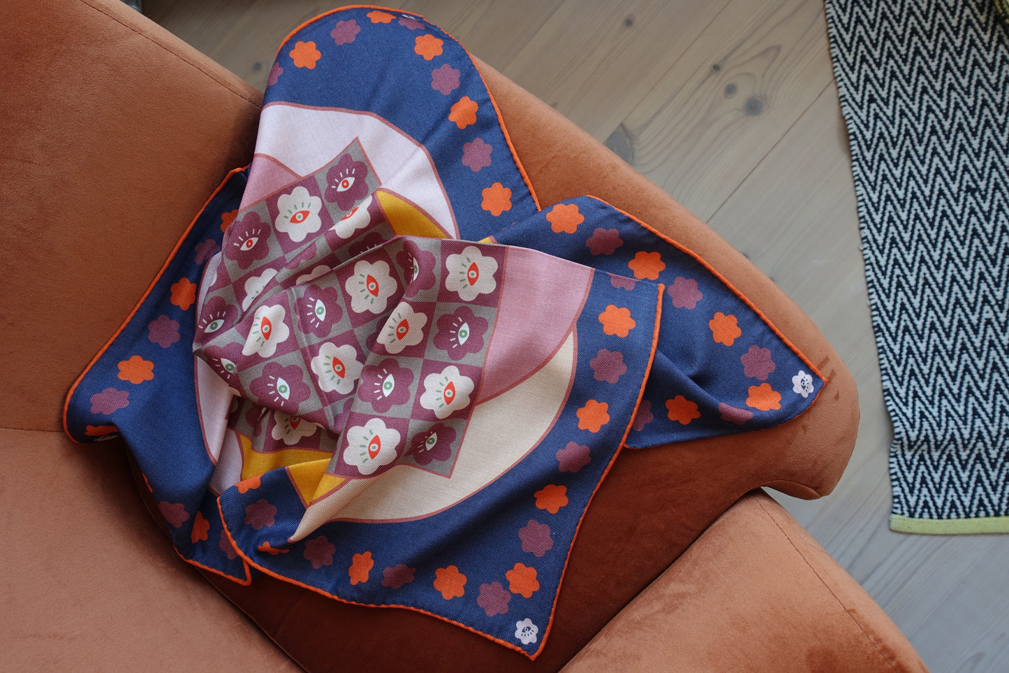 Curious Eyes, 65cm Silk-Wool Scarf — Indigo Grey & Terracotta