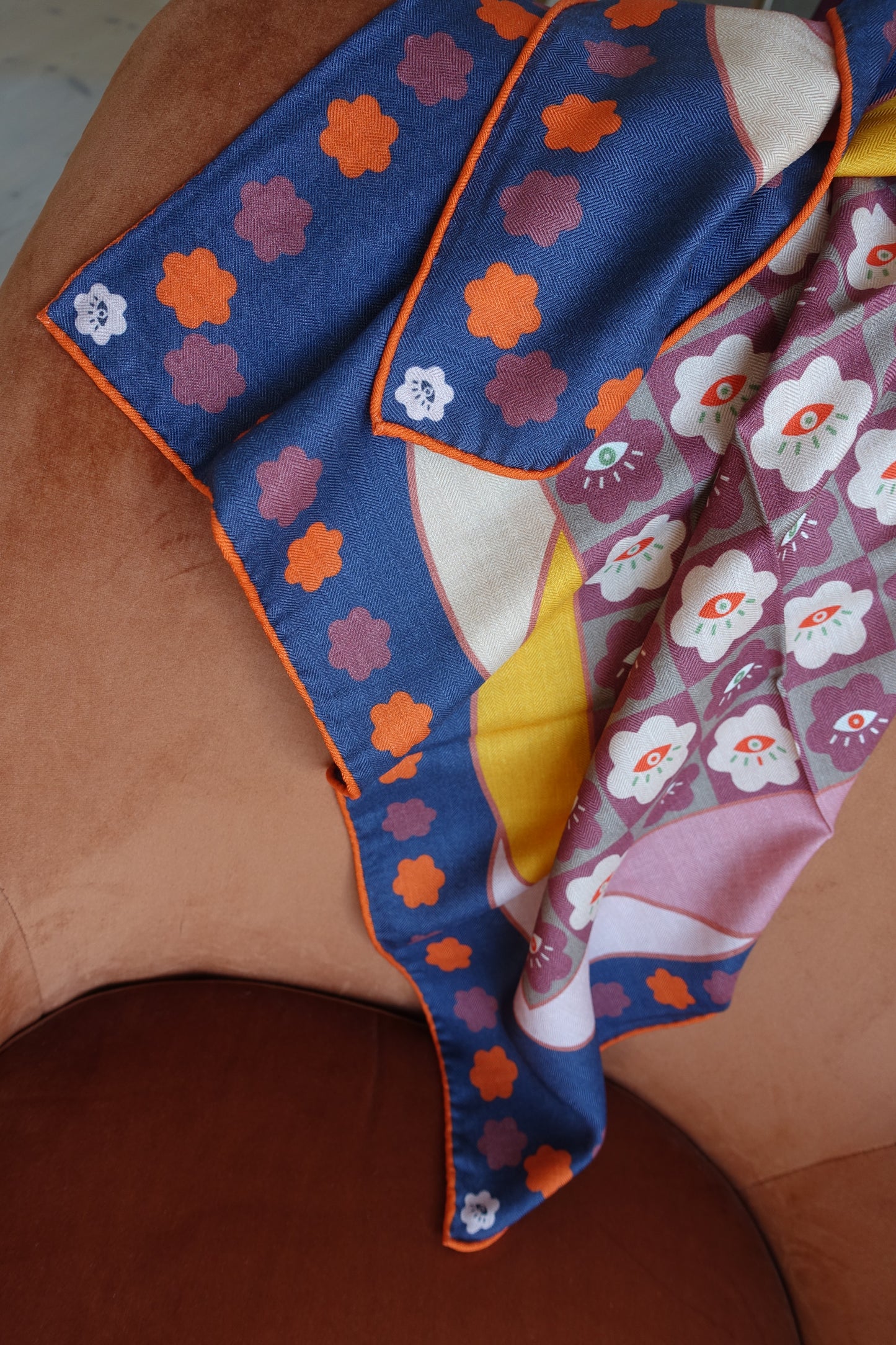Curious Eyes, 65cm Silk-Wool Scarf — Indigo Grey & Terracotta