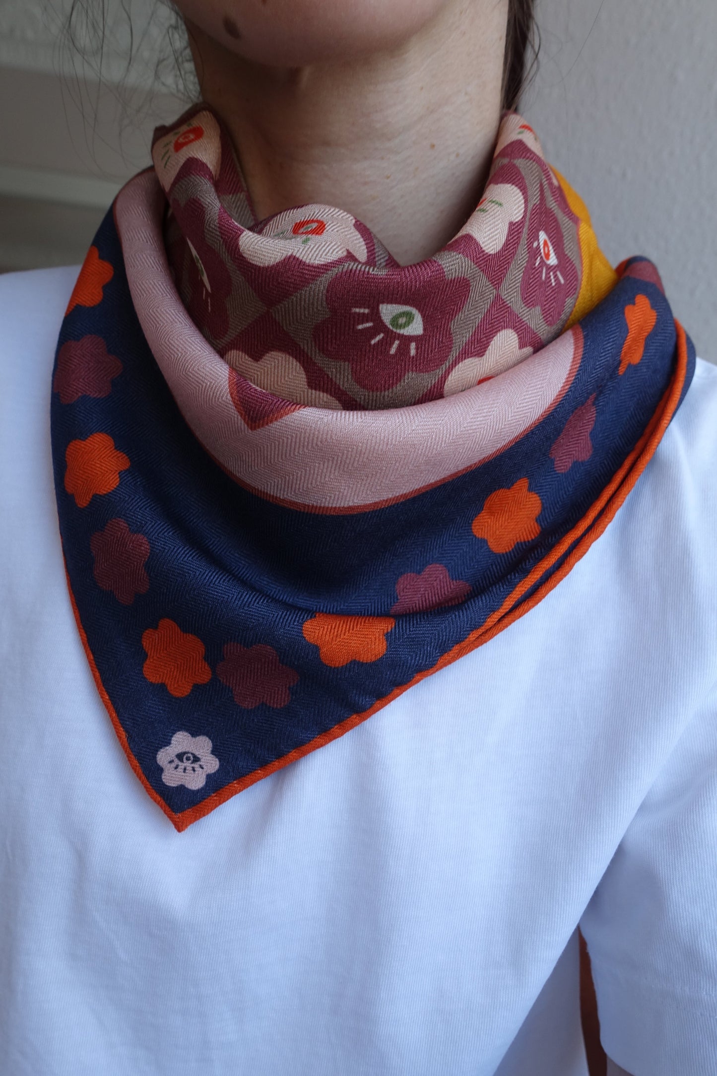 Curious Eyes, 65cm Silk-Wool Scarf — Indigo Grey & Terracotta