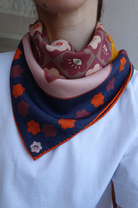 Curious Eyes, 65cm Silk-Wool Scarf — Indigo Grey & Terracotta