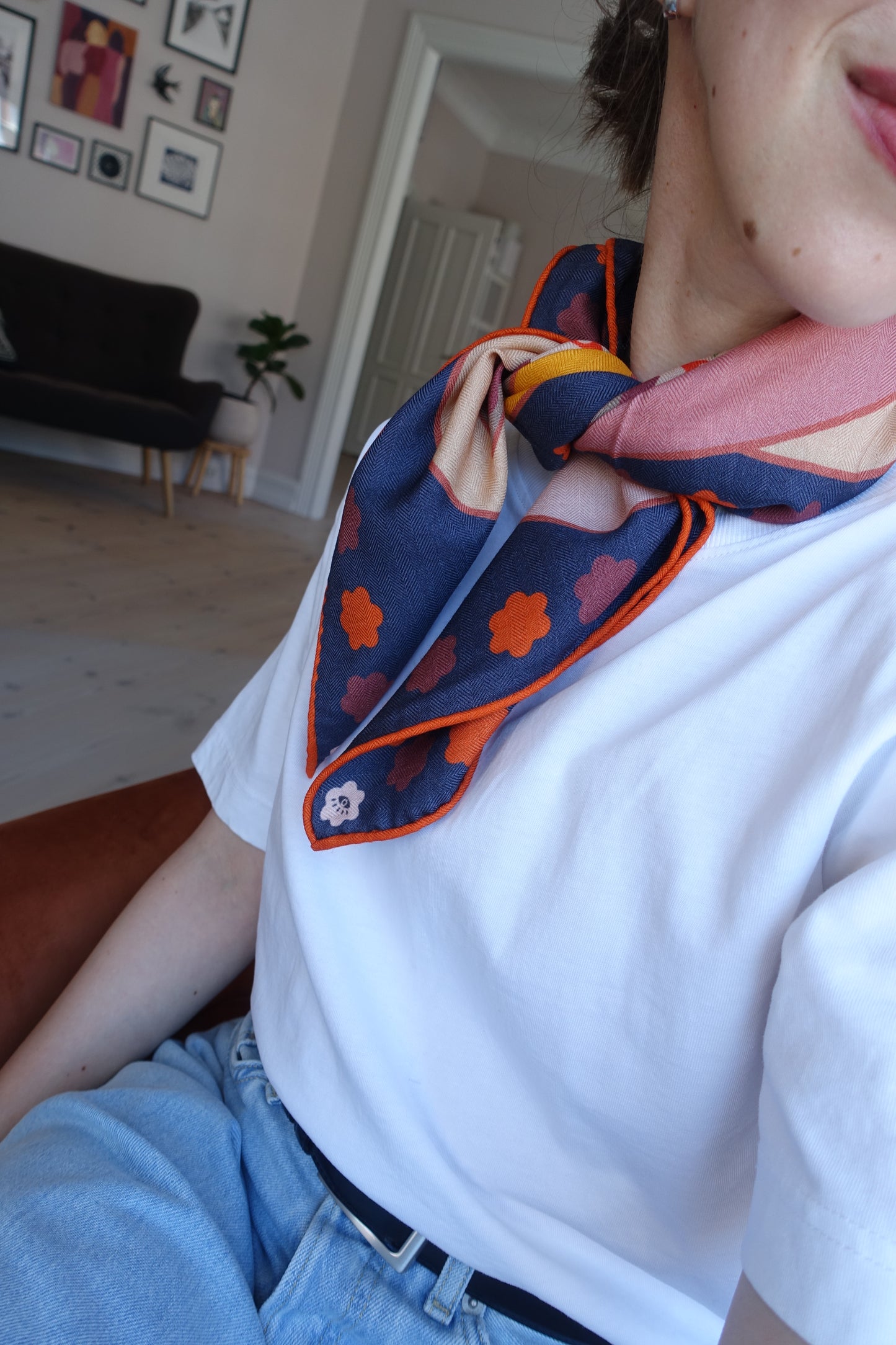 Curious Eyes, 65cm Silk-Wool Scarf — Indigo Grey & Terracotta