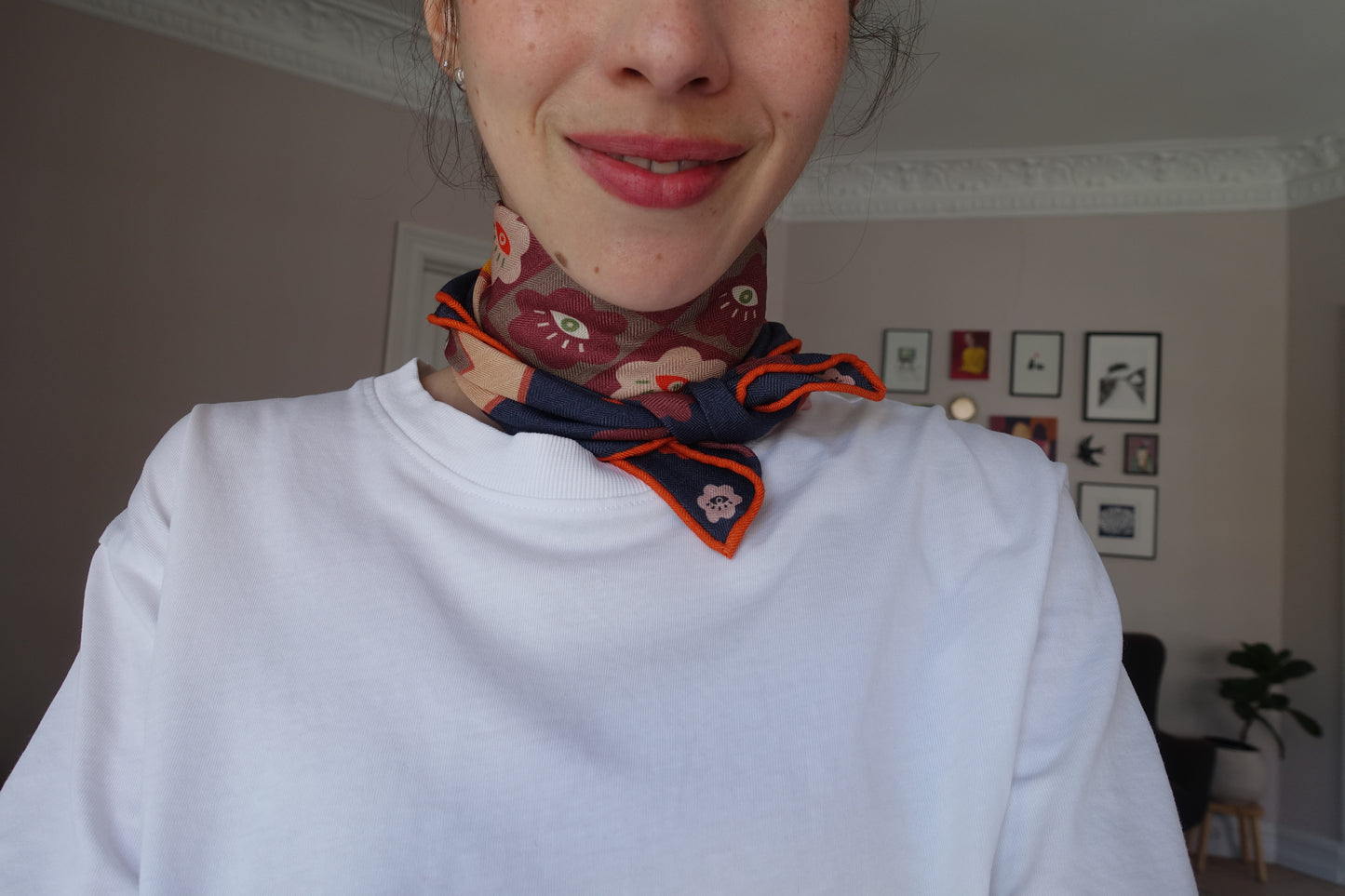 Curious Eyes, 65cm Silk-Wool Scarf — Indigo Grey & Terracotta