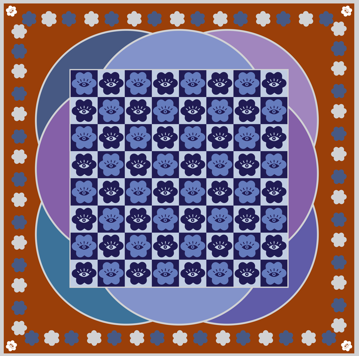 Curious Eyes, 50cm Silk Scarf — Purple-Terracotta