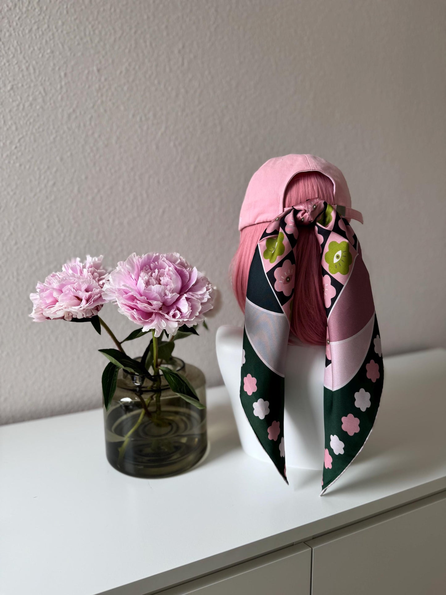 Curious Eyes - Matcha Sakura colorway, 65 cm Square Silk Scarf