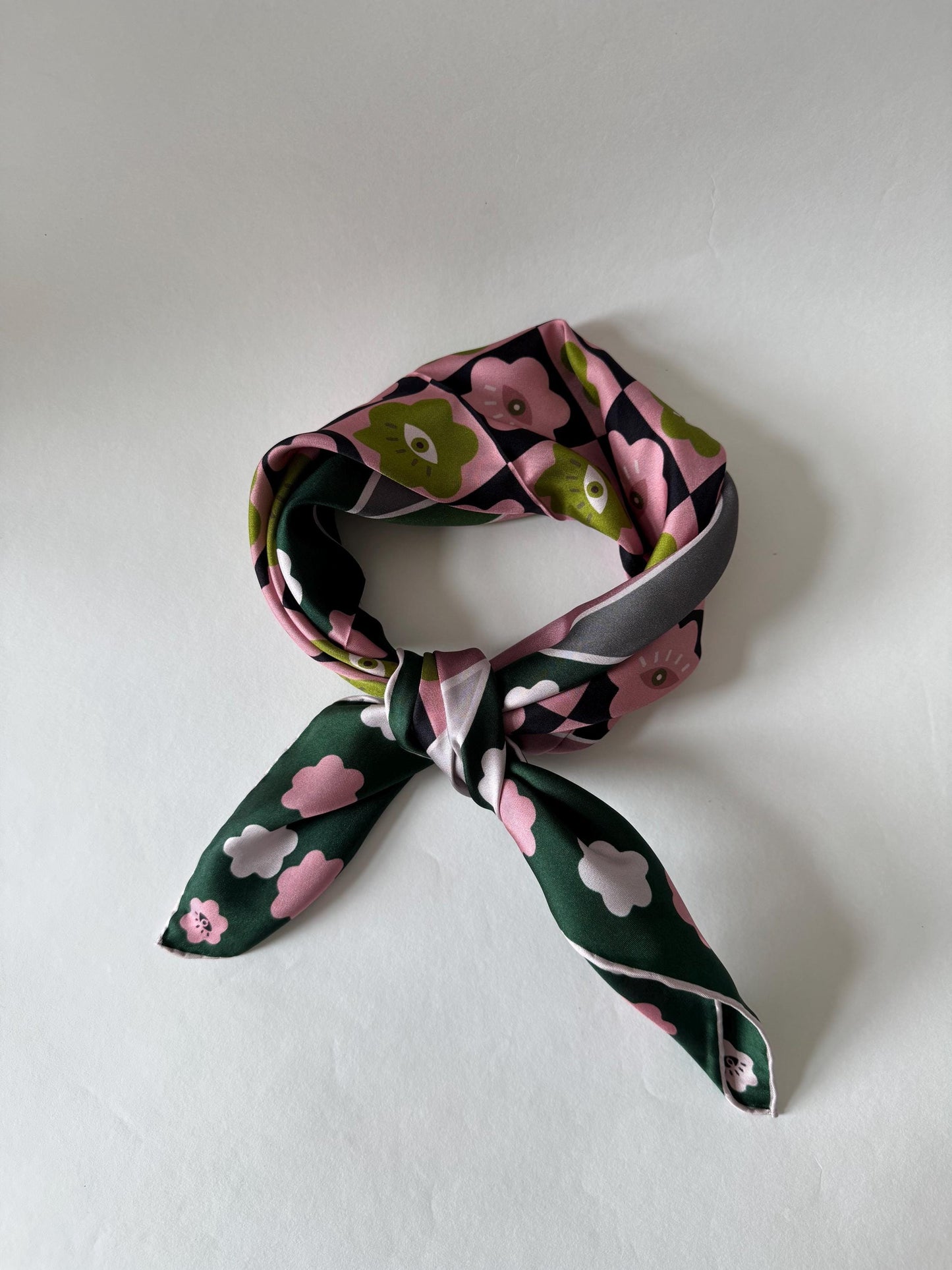 Curious Eyes - Matcha Sakura colorway, 65 cm Square Silk Scarf