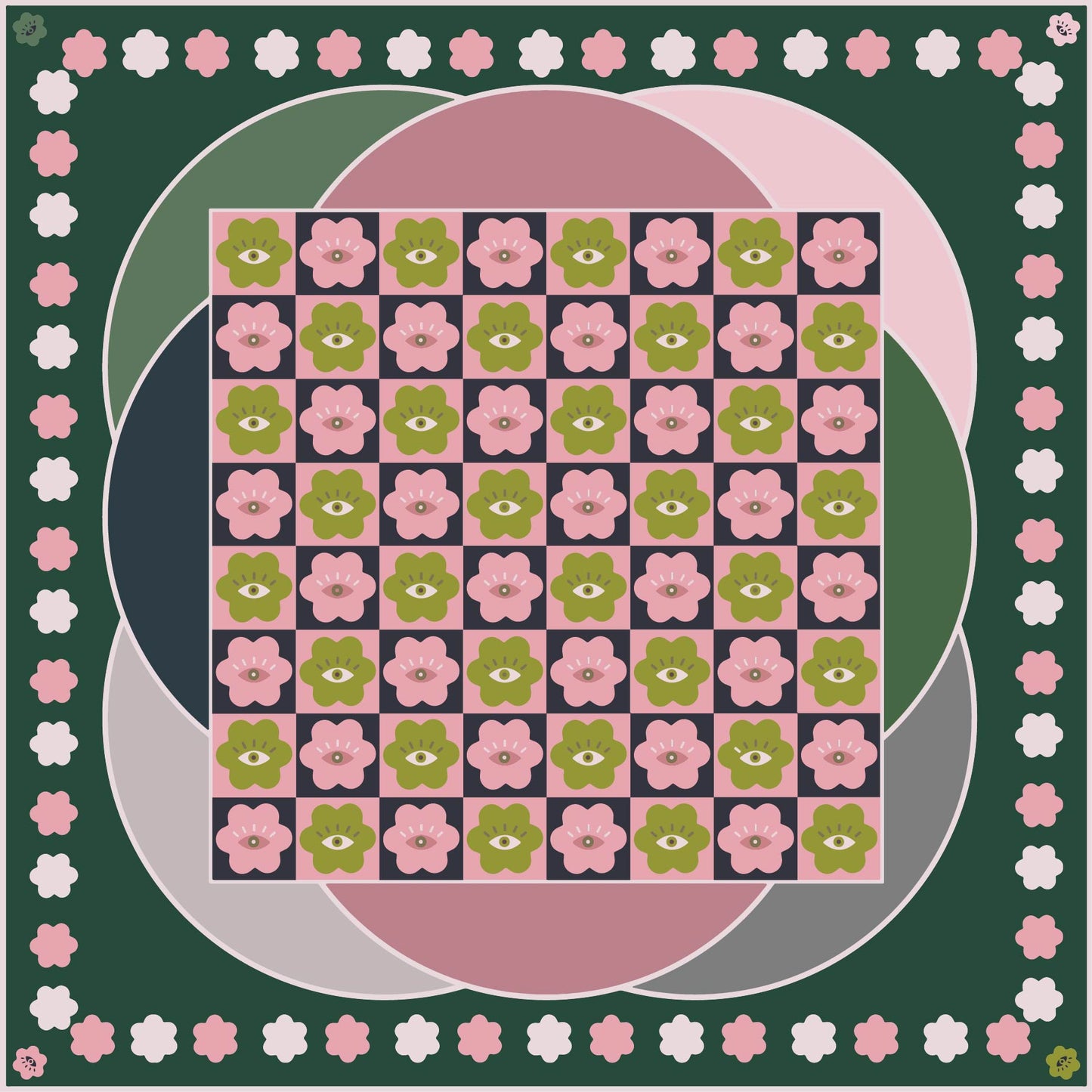 Curious Eyes - Matcha Sakura colorway, 65 cm Square Silk Scarf